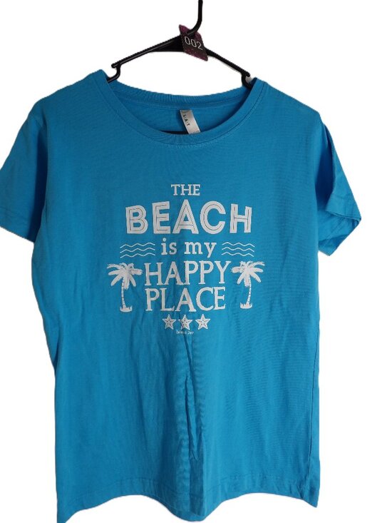 L.A.T Tops - "The beach is my happy place" blue graphic tee (Women's Medium)